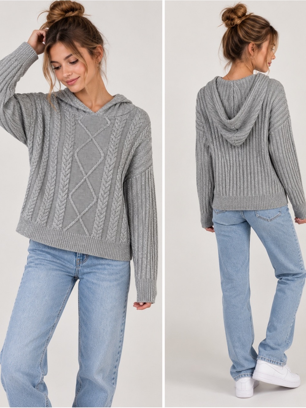 Gray hooded cable knit sweater NWT